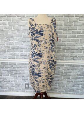 NWOT Virgo Beaded Linen Blend Shift Dress Blue Floral Print Sleeveless Size 18